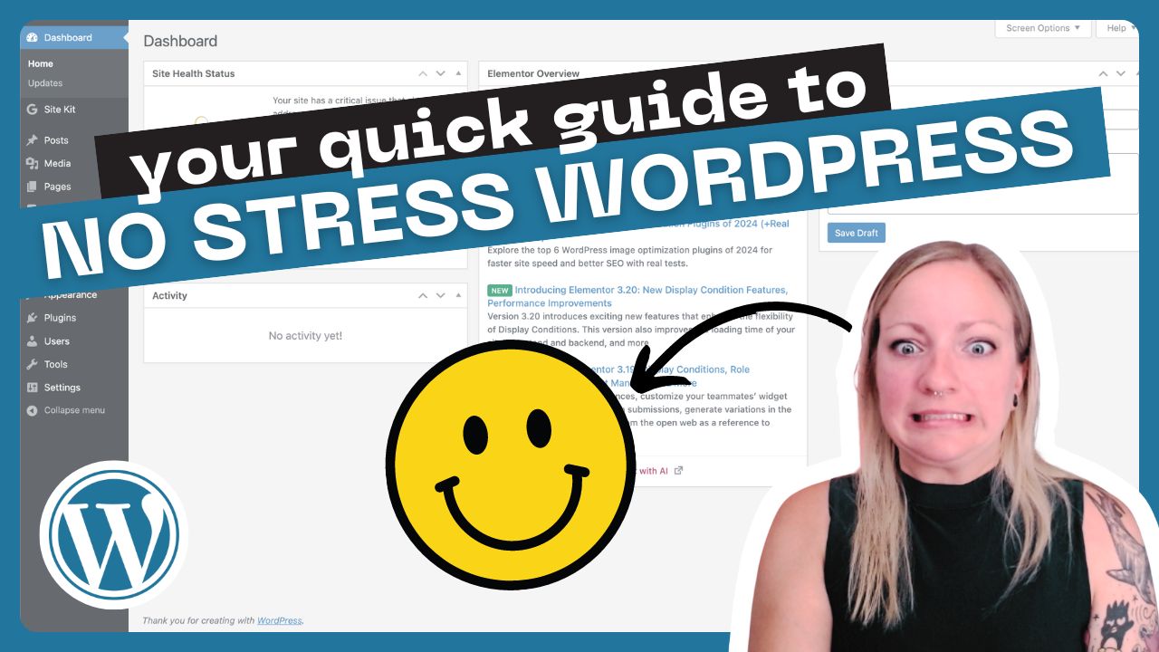 A woman appears frustrated with an open wordpress dashboard interface and related guides for "your quick guide to wordpress" in the background.