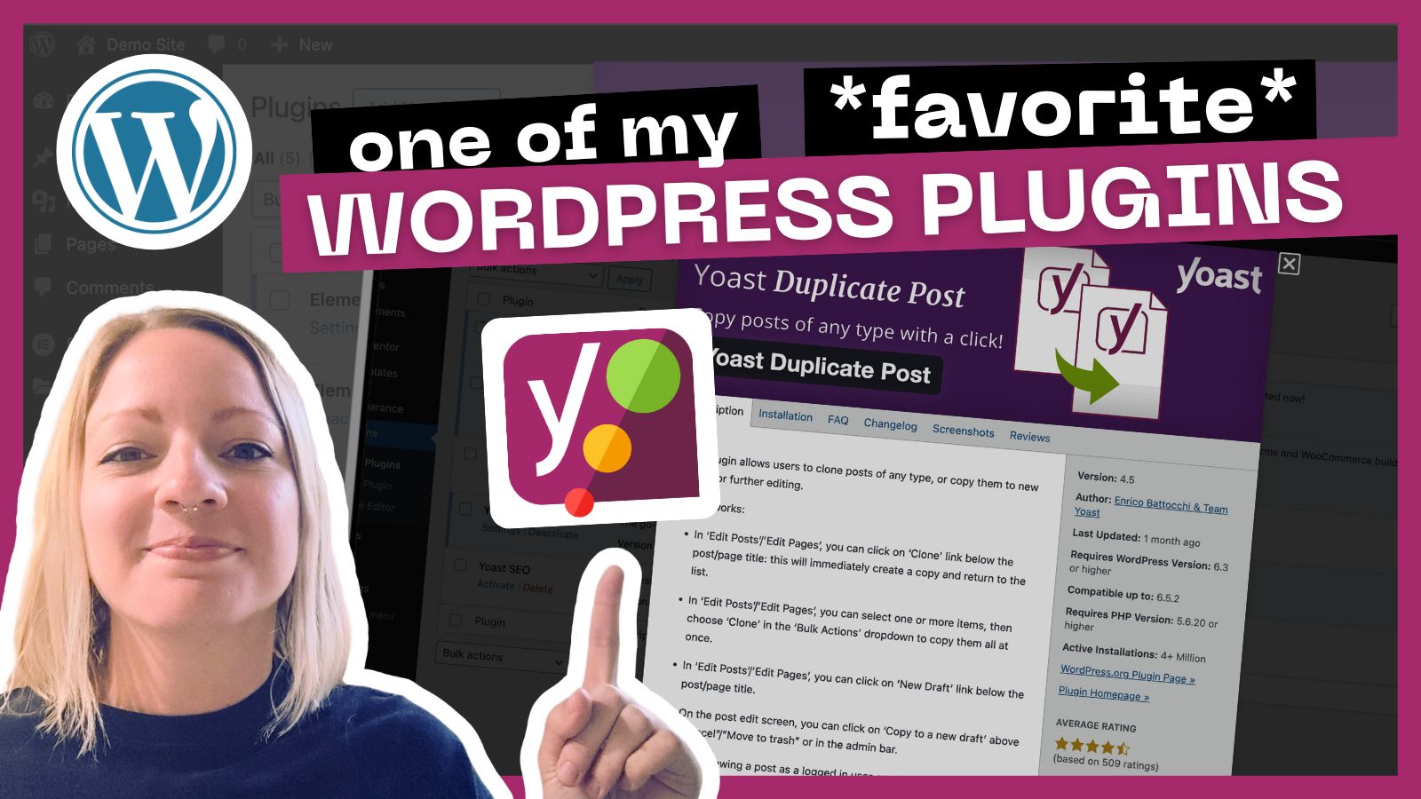 A woman smiling and pointing to her computer screen, which displays a favorite wordpress plugin, "yoast duplicate post", with graphics and text promoting the plugin.