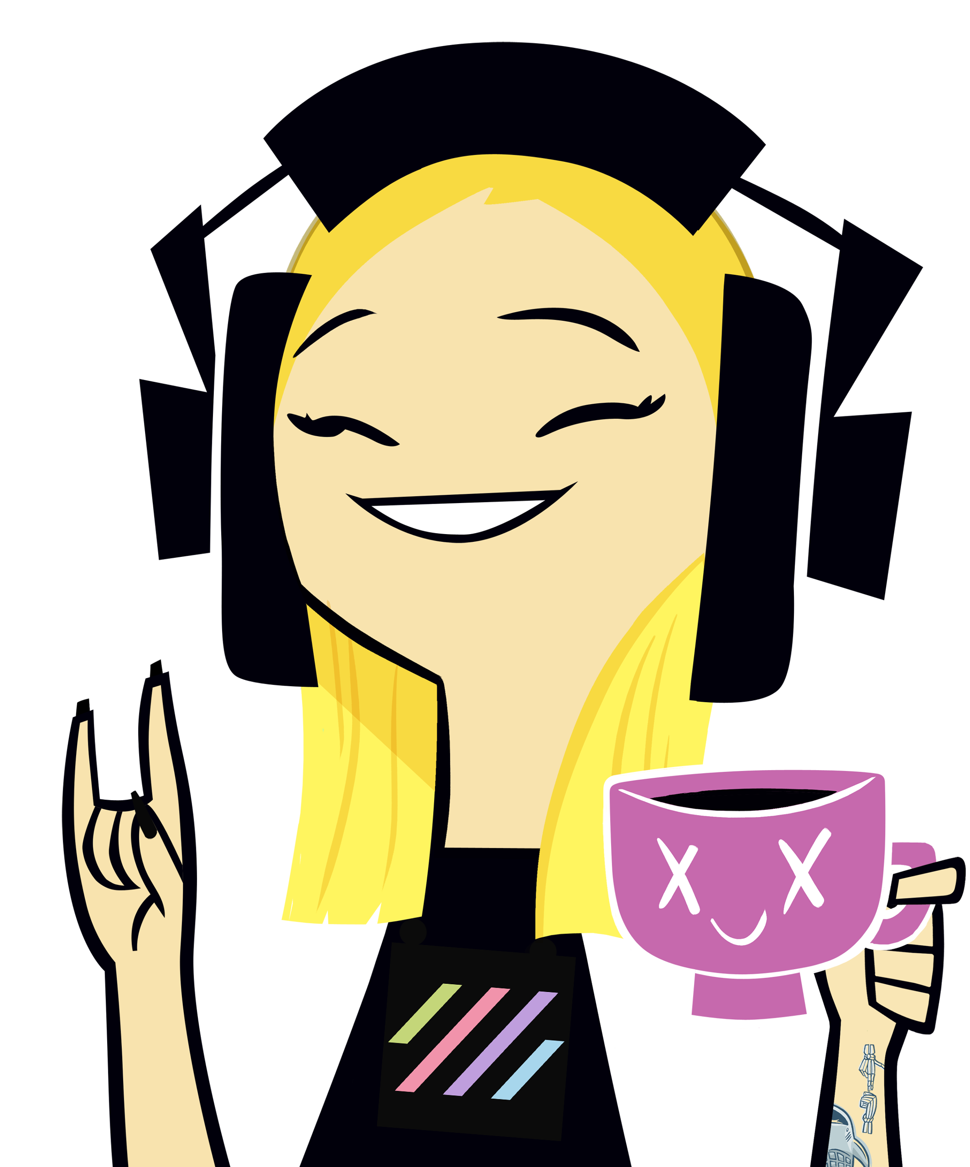 Illustration of a joyful cartoon woman with blonde hair holding a large pink mug with a playful face design. she is smiling and giving a thumbs up, against a plain black background.