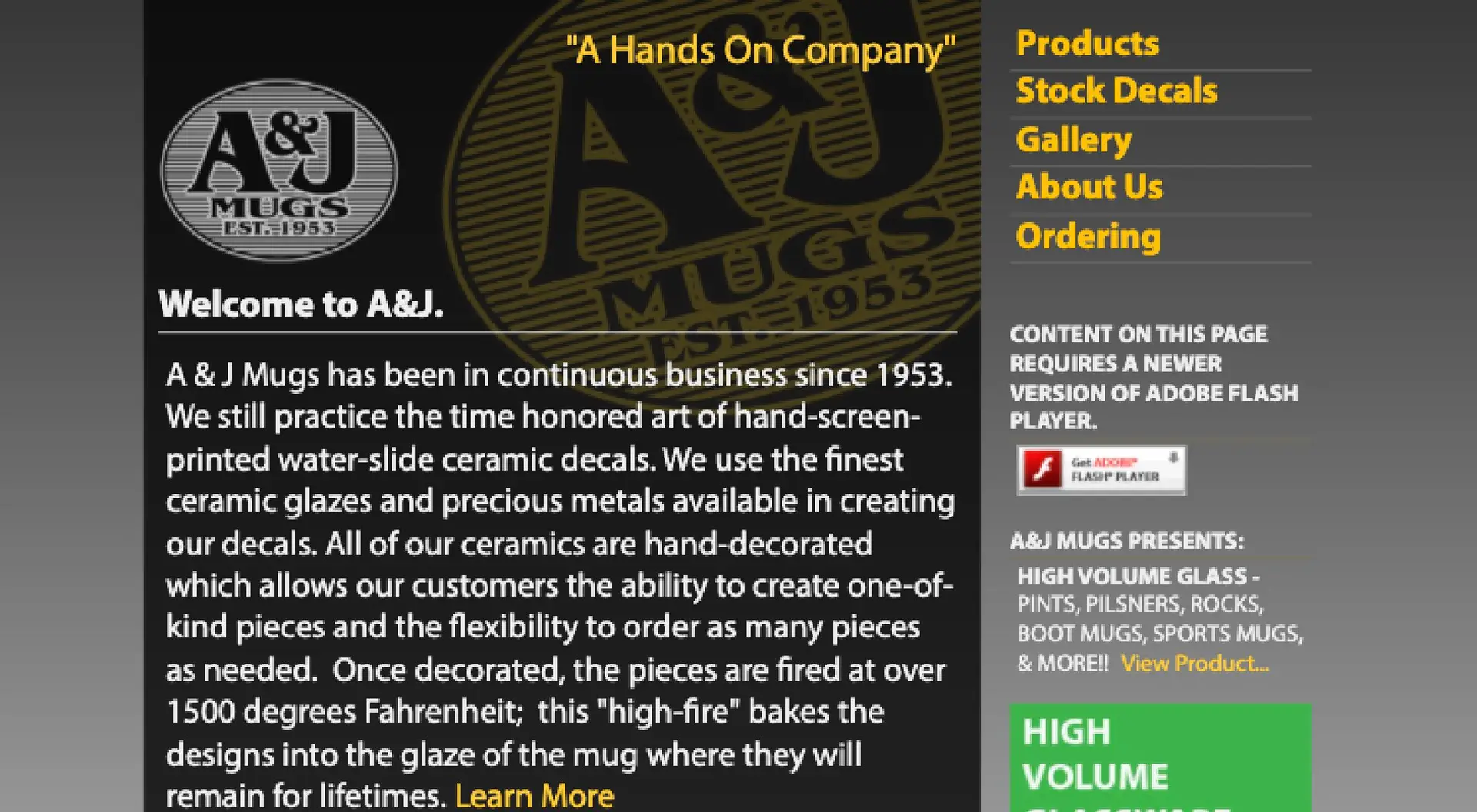 A webpage for a&j mugs, a company that produces ceramic products since 1953, featuring sections for products, stock decals, and about us, with a high-contrast design and decorative graphics.