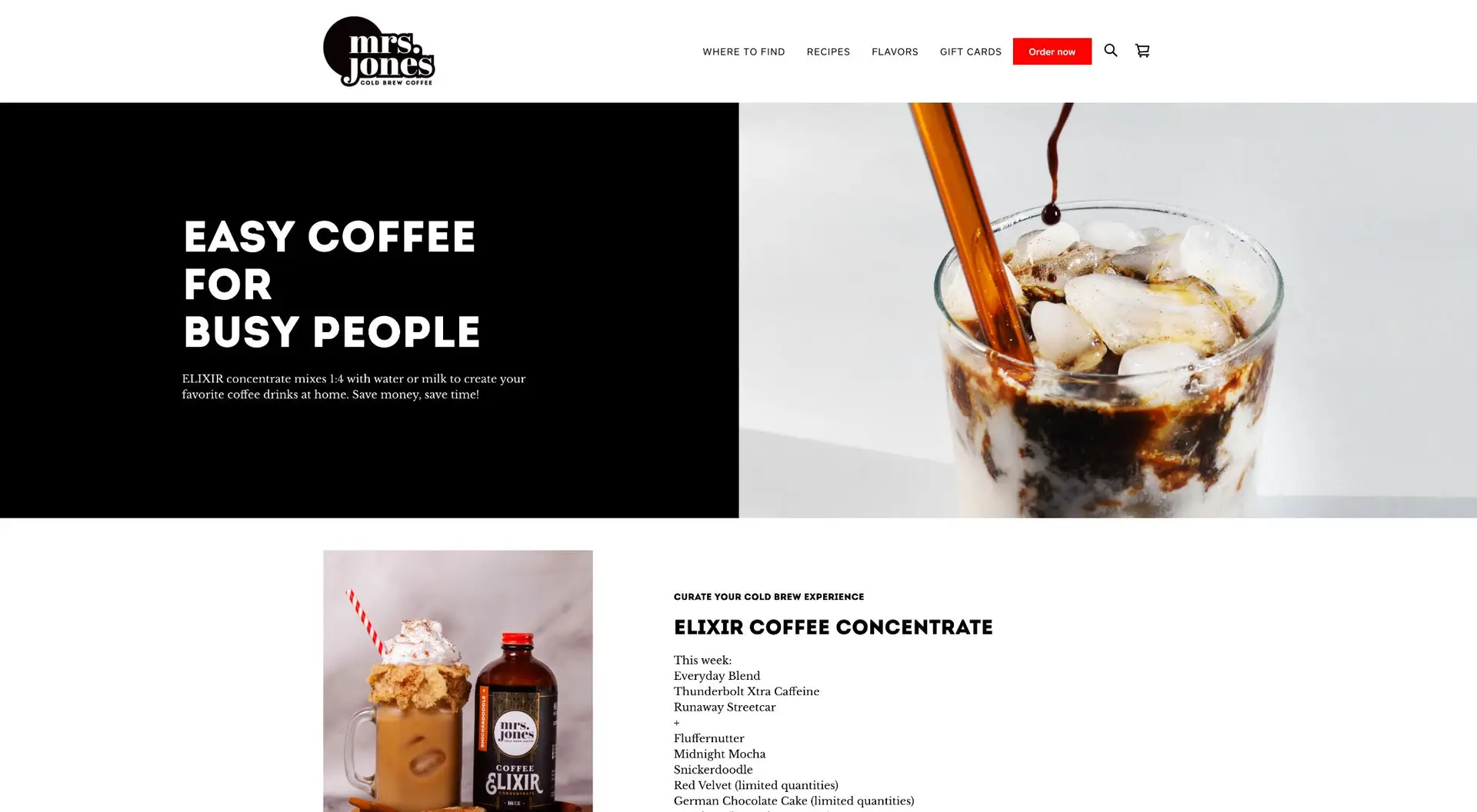 A website header featuring the text "easy coffee for busy people" over an image of iced coffee being poured into a glass. a menu bar and a search icon are visible at the top.