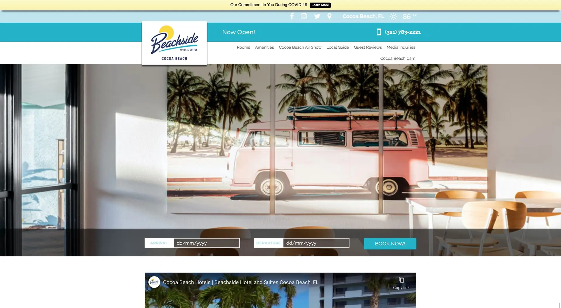 A website homepage for "beachside ocean resort" showing a view through an open window of a pink vintage van parked by a sunny beach, with site navigation and booking options available.