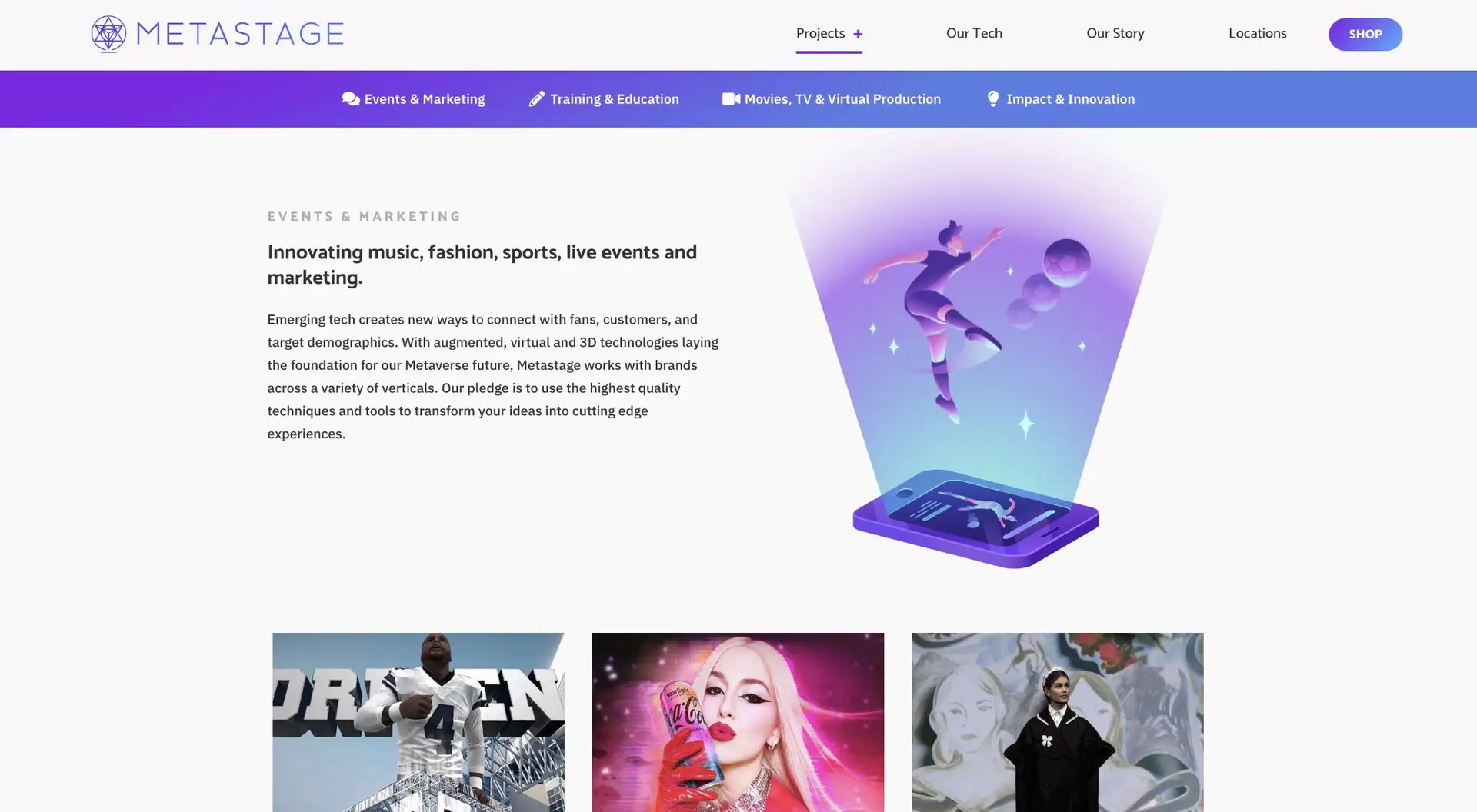 Screenshot of a website page for "metastage" featuring tabs like events & marketing, training & education, and more. the main image features a futuristic holographic display of a city on a device.