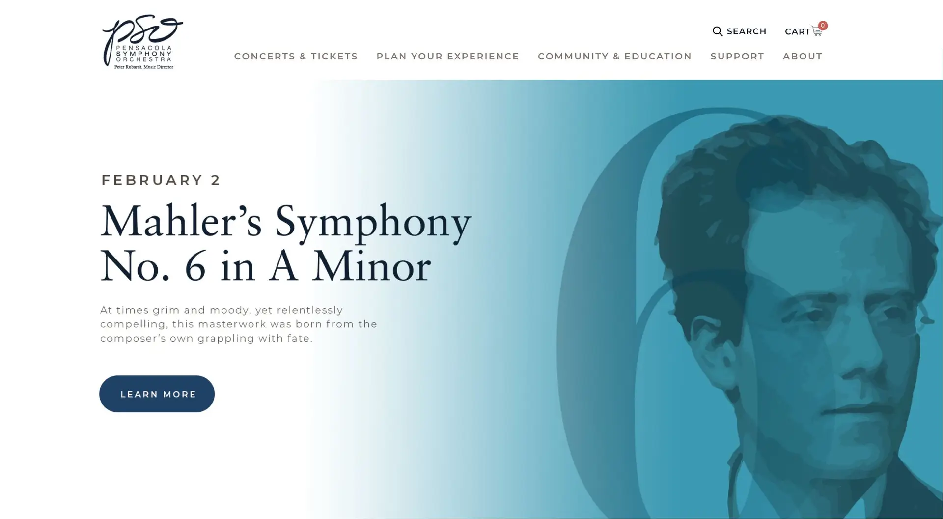 A website homepage promoting a concert featuring mahler’s symphony no. 6 in a minor, with a stylized blue-toned portrait of composer gustav mahler and information about the event with a "learn more" button.