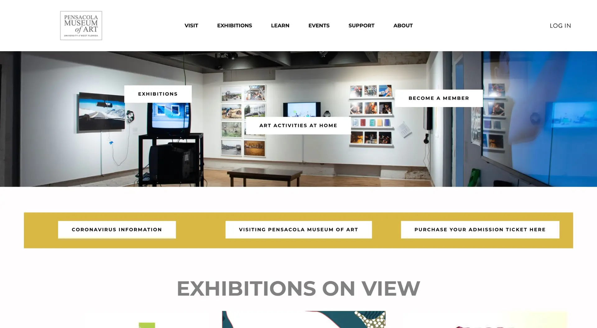 A website screenshot for the pensacola museum of art featuring navigation tabs like visit, exhibitions, learn, events, and more. the main image shows a well-lit gallery with various artworks displayed.