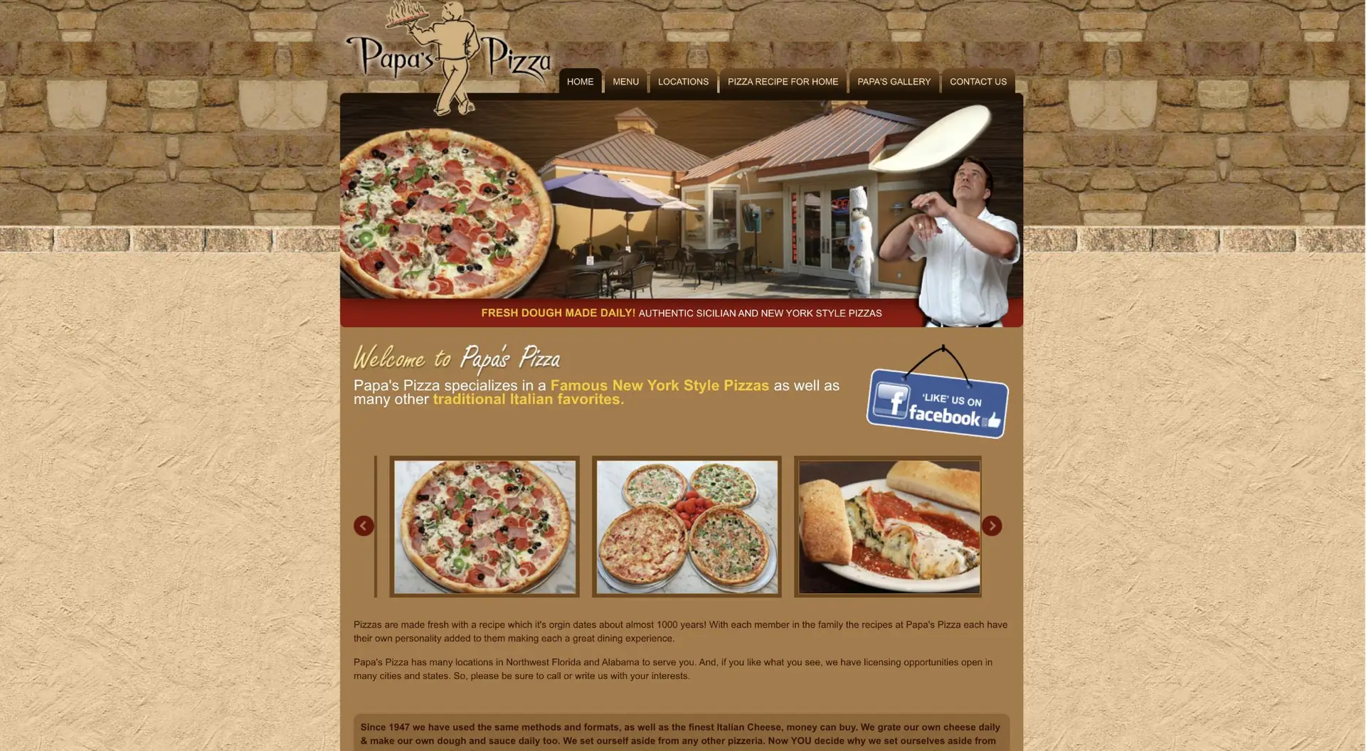 A website for papa's pizza featuring images of various pizzas, an animated chef tossing dough, and navigation tabs like home, locations, menu, and catering against a brick-wall background.