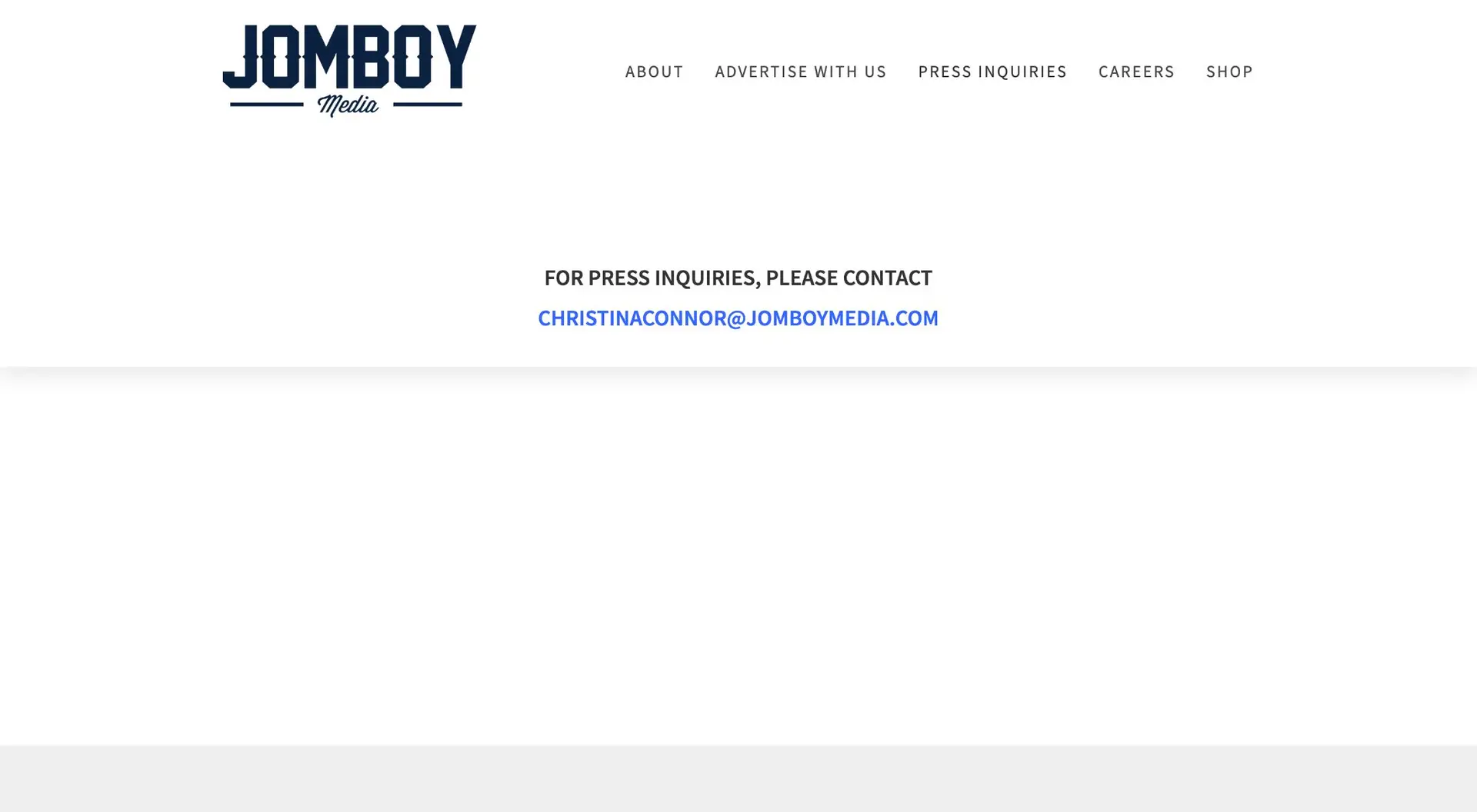 Webpage header for jomboy media featuring navigation links like about, advertise with us, press inquiries, careers, and shop. below is a contact email for press inquiries.